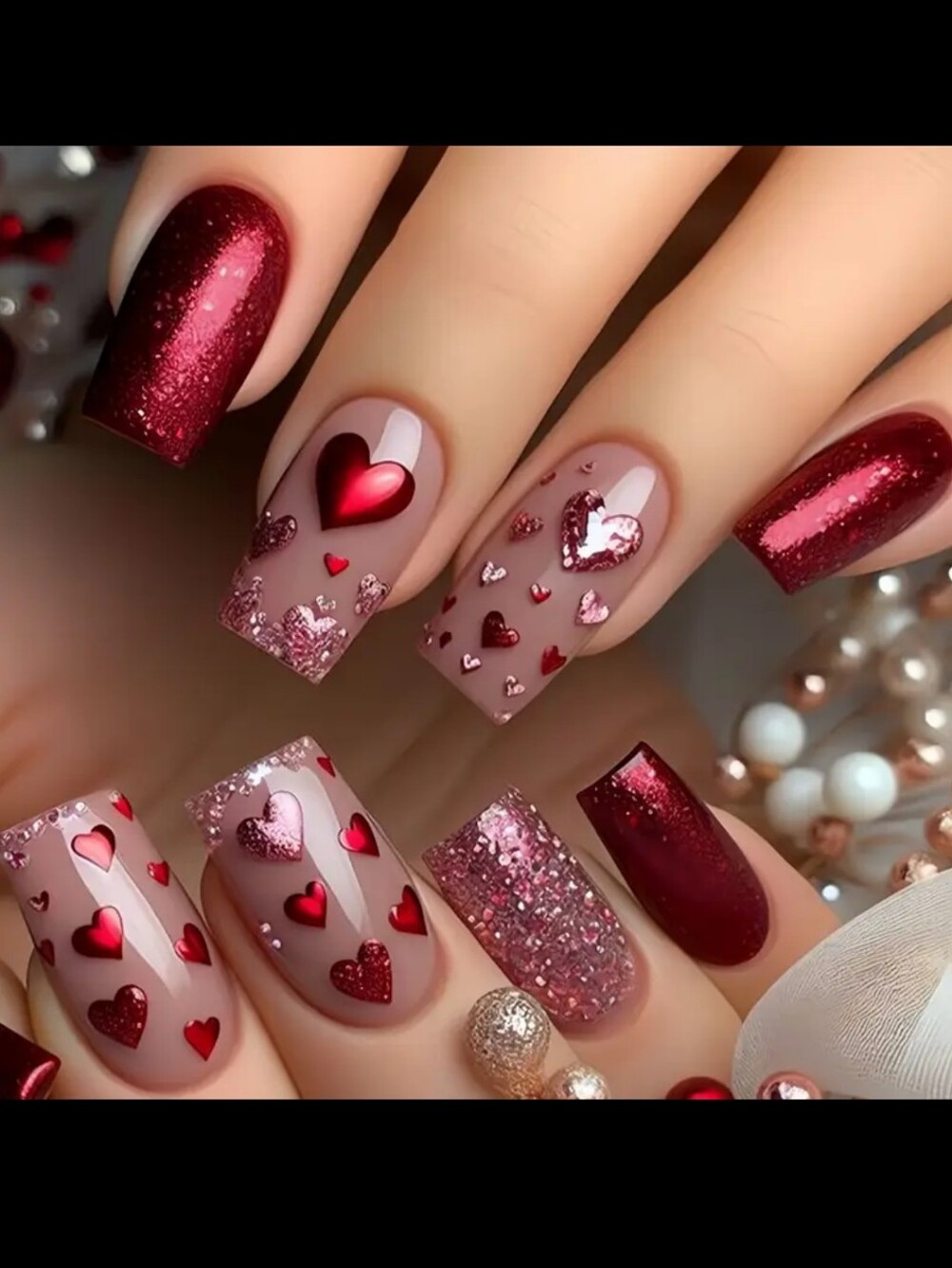 2/10🍀 24pcs Valentine's Day Red Heart Shimmer Press-on Nails